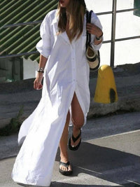 Long Sleeves Loose Buttoned Solid Color Split-Side Lapel Maxi Shirt Dress: WHITE / M