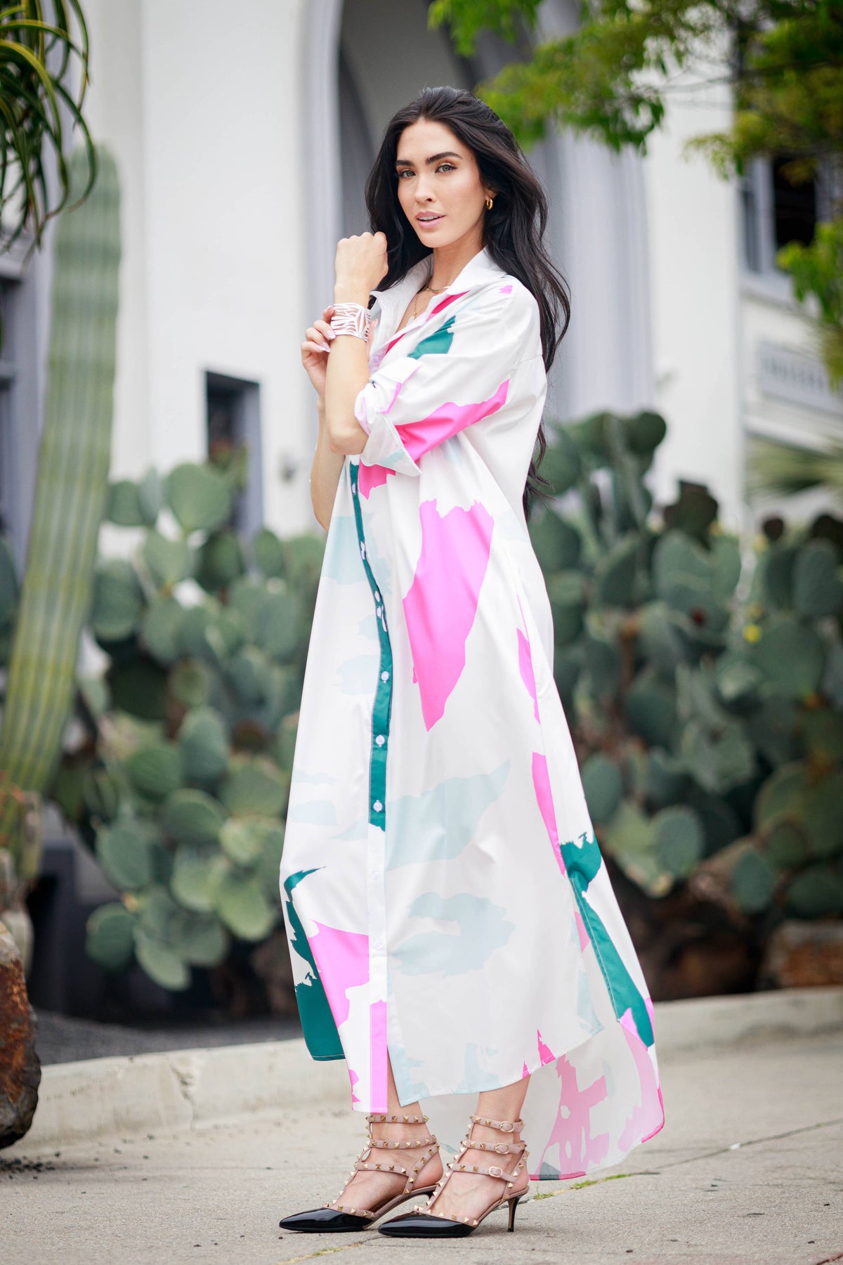 Long Sleeves Maxi Shirt Dress: Maroon / Medium