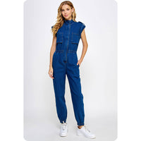 Kyra High Neck Sleeveless Denim Jumpsuit: Denim and Black Denim