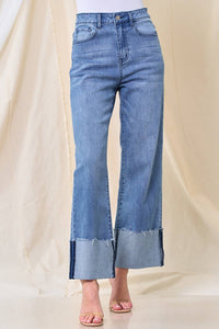 STRAIGHT LEG BOYFRIEND FIT CUFFED JEANS -LT DENIM