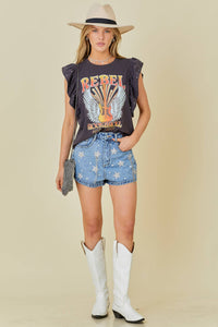 Rock n Roll Print Rhinestone Ruffle Top: CHARCOAL