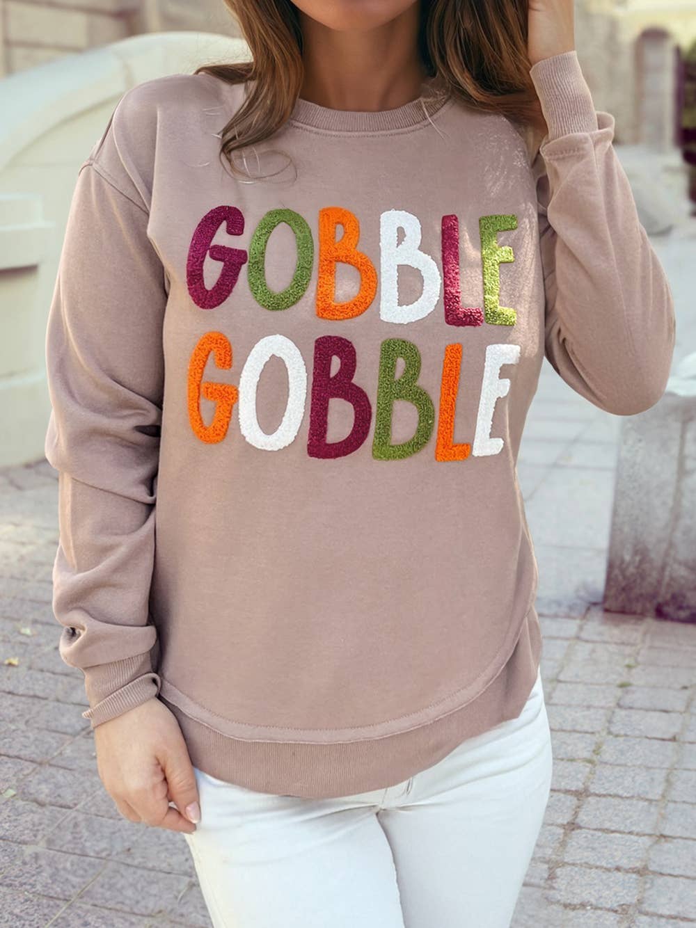 GOBBLE Letter Graphic Thanksgiving Shift Sweatshirt