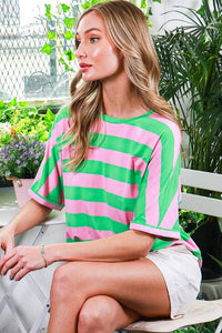 Alexandria Crew Neck Roll-Up Short-Sleeve Pink & Green Stripe Top