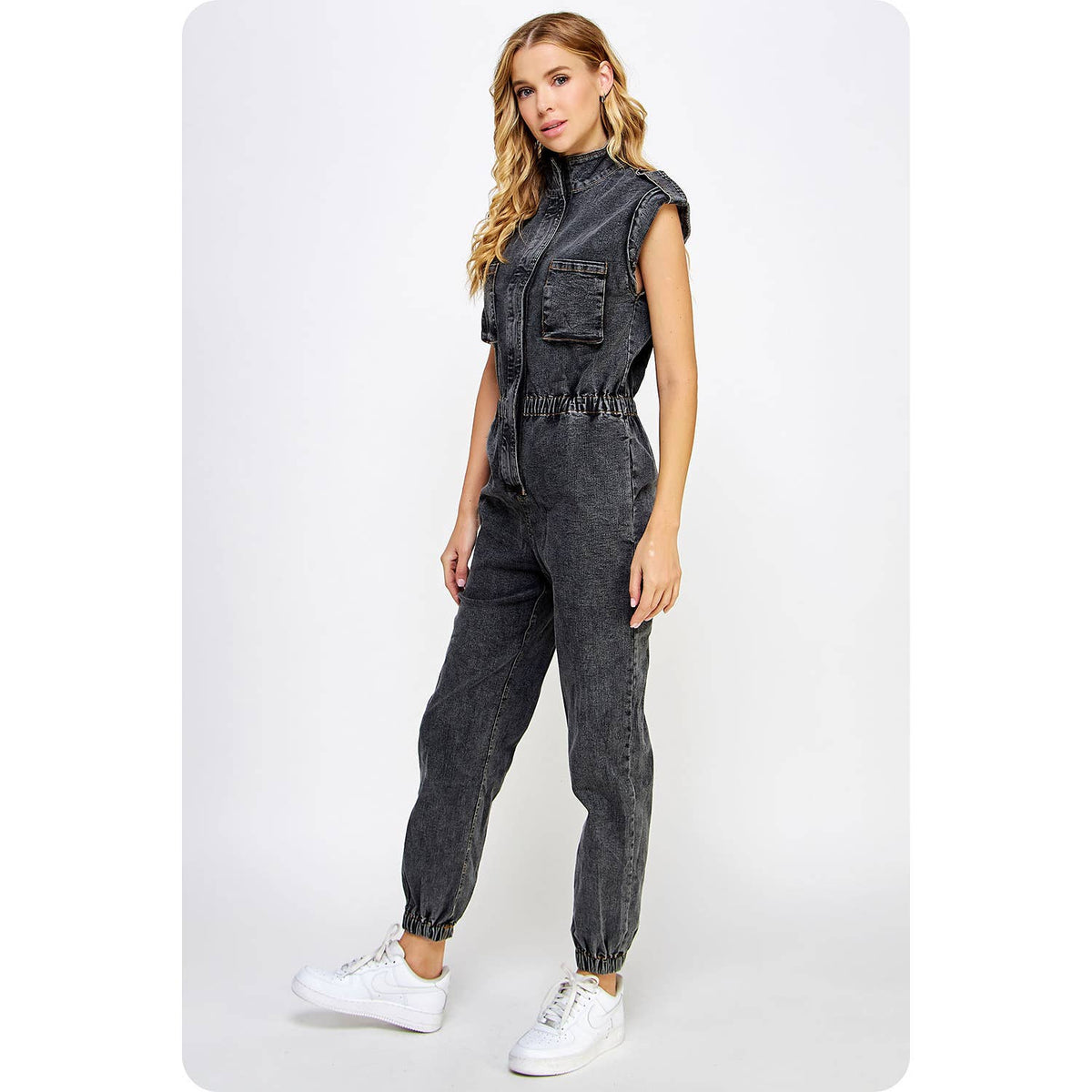 Kyra High Neck Sleeveless Denim Jumpsuit: Denim and Black Denim