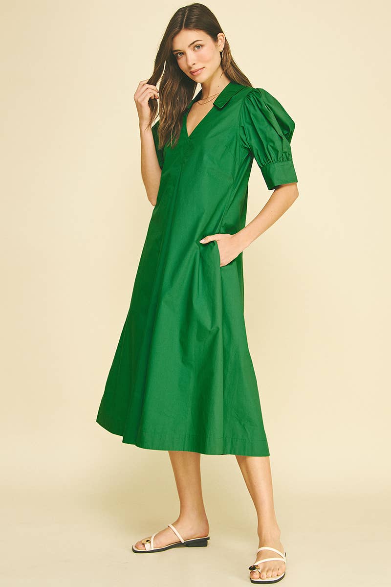 Harriet Grass Green V-NECK PLEATED A-LINE DRESS
