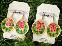 Welcome Wreath Hand Painted Leather Earrings: Cream background