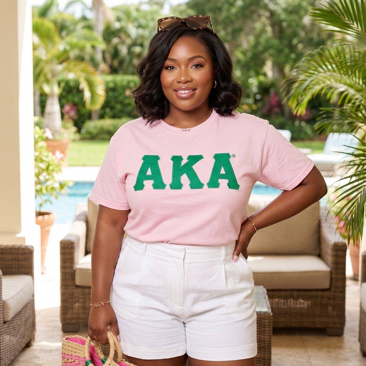 AKA Embroidered Patch XL T-Shirt Sorority Apparel: Pink and Green / Multi Tone / X-Large