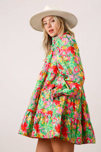 Floral Print Poplin Shirt Dress - GREEN MULTI