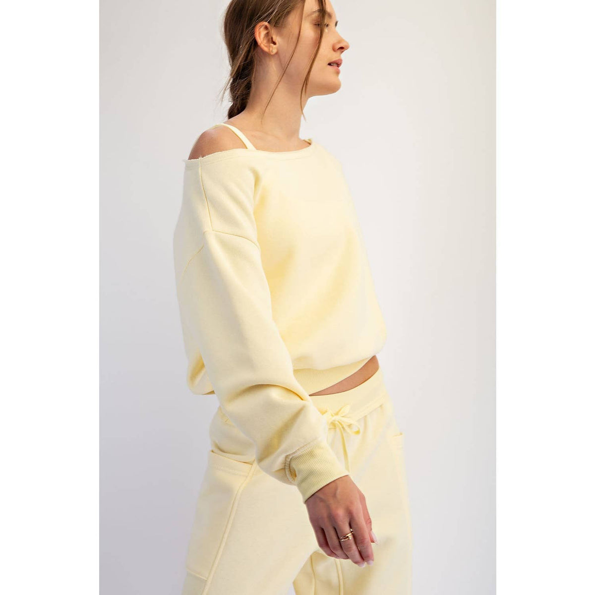 FRENCH TERRY FLEECE OFF SHOULDER TOP: Peach Pink / S-M-L(2-2-2)