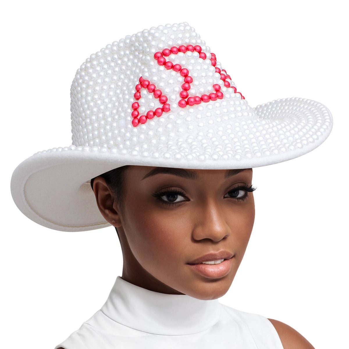 DST Sorority White and Red Pearl Fedora Hat Women\