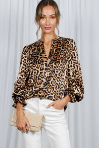 Henley Neck Elastic Smocked Leopard Print Blouse VT31377T: Brown / L