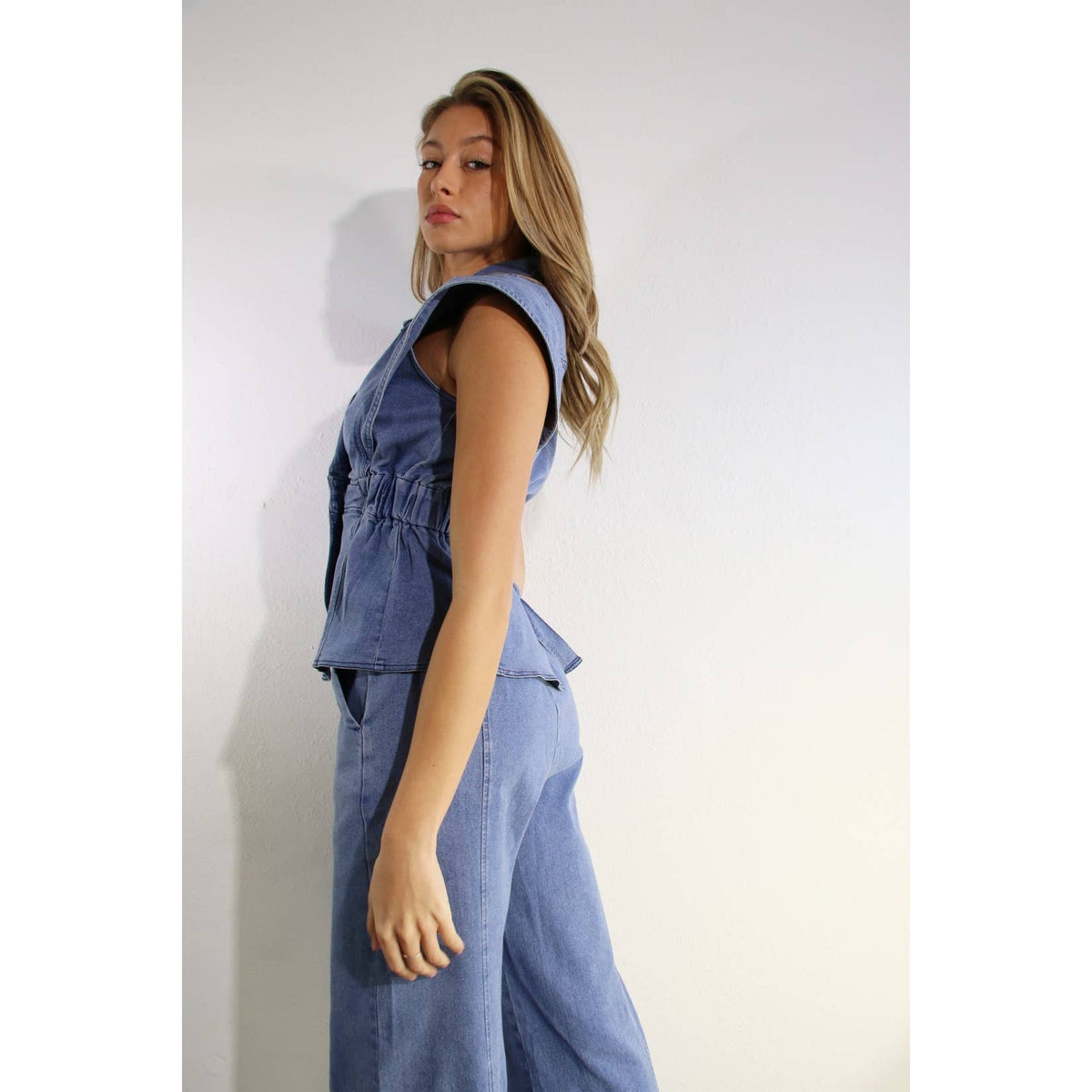 ATHENA STRETCH COLLARED TOP AND PANTS SET in DENIM