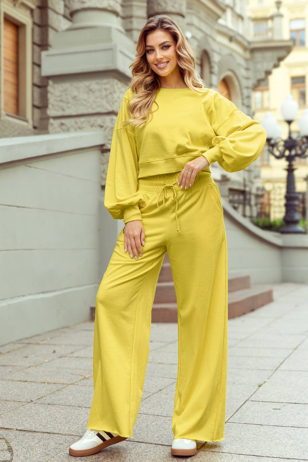 Vivian Drop Shoulder Crop Pullover Drawstring Wide Leg Pants Set