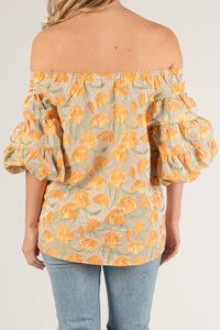 Tulip Jacquard Puff Sleeve Off Shoulder Top: Tangerine Multi