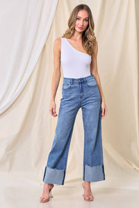 STRAIGHT LEG BOYFRIEND FIT CUFFED JEANS -LT DENIM