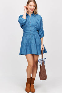 Daphne Ruched Sleeve Tiered Button Up Shirt Dress