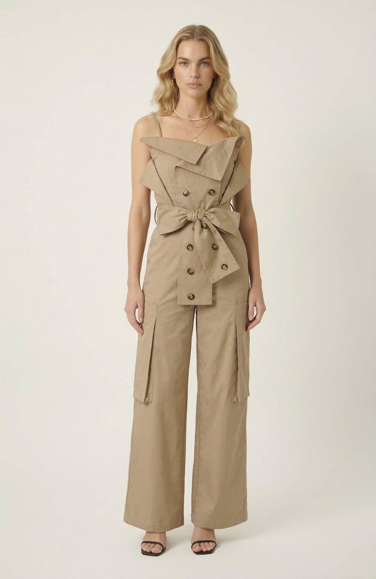 Off Shoulder Trench Style Cargo Jumpsuit: L