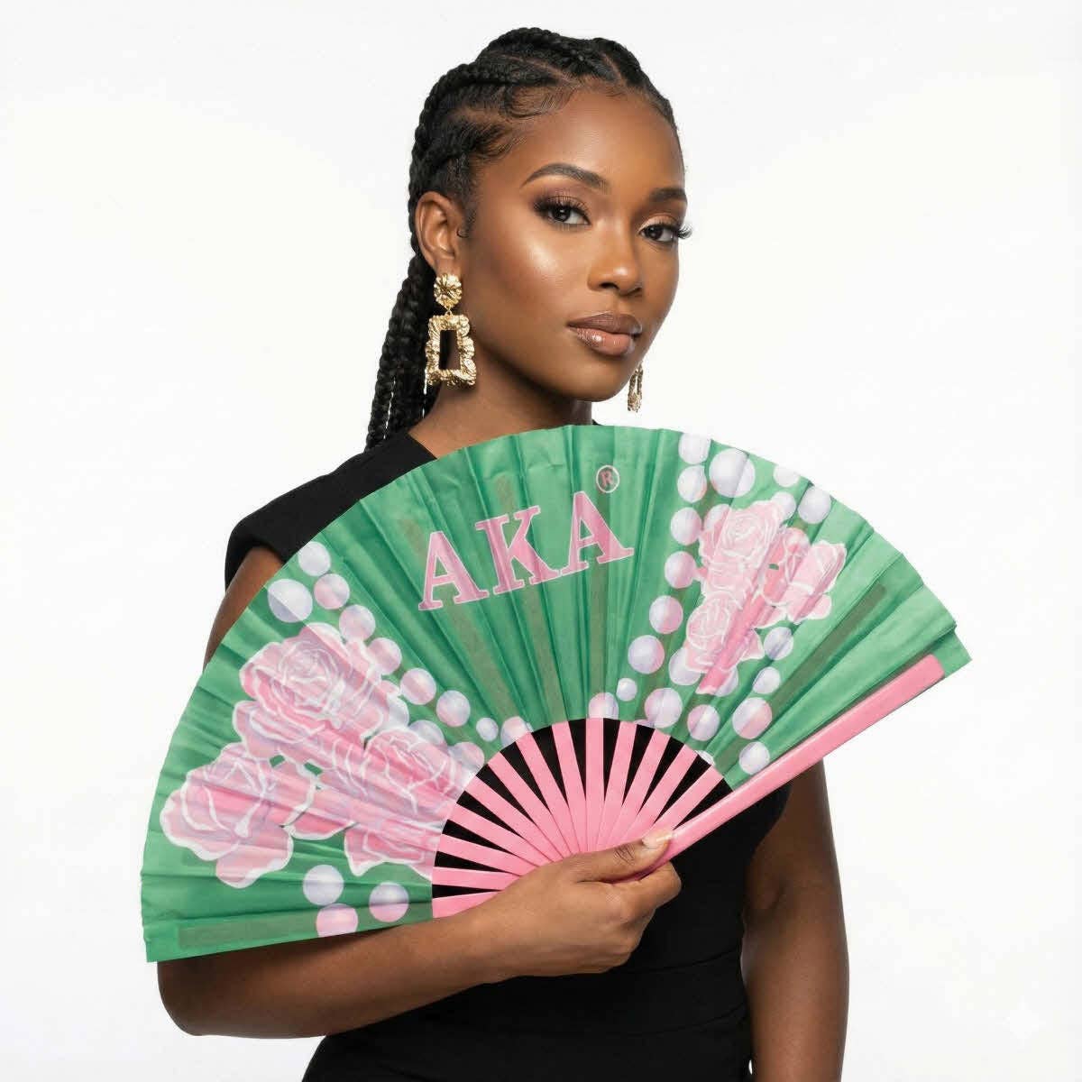 AKA Sorority Large Floral Pearl Print Fabric Fan: Pink and Green / Multi Tone / 13.5 x 25 inches