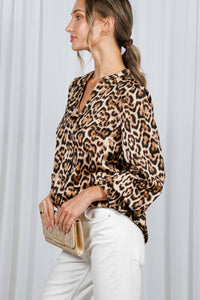 Henley Neck Elastic Smocked Leopard Print Blouse VT31377T: Brown / L