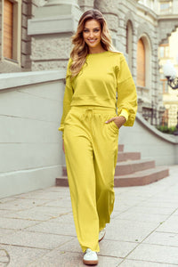 Vivian Drop Shoulder Crop Pullover Drawstring Wide Leg Pants Set