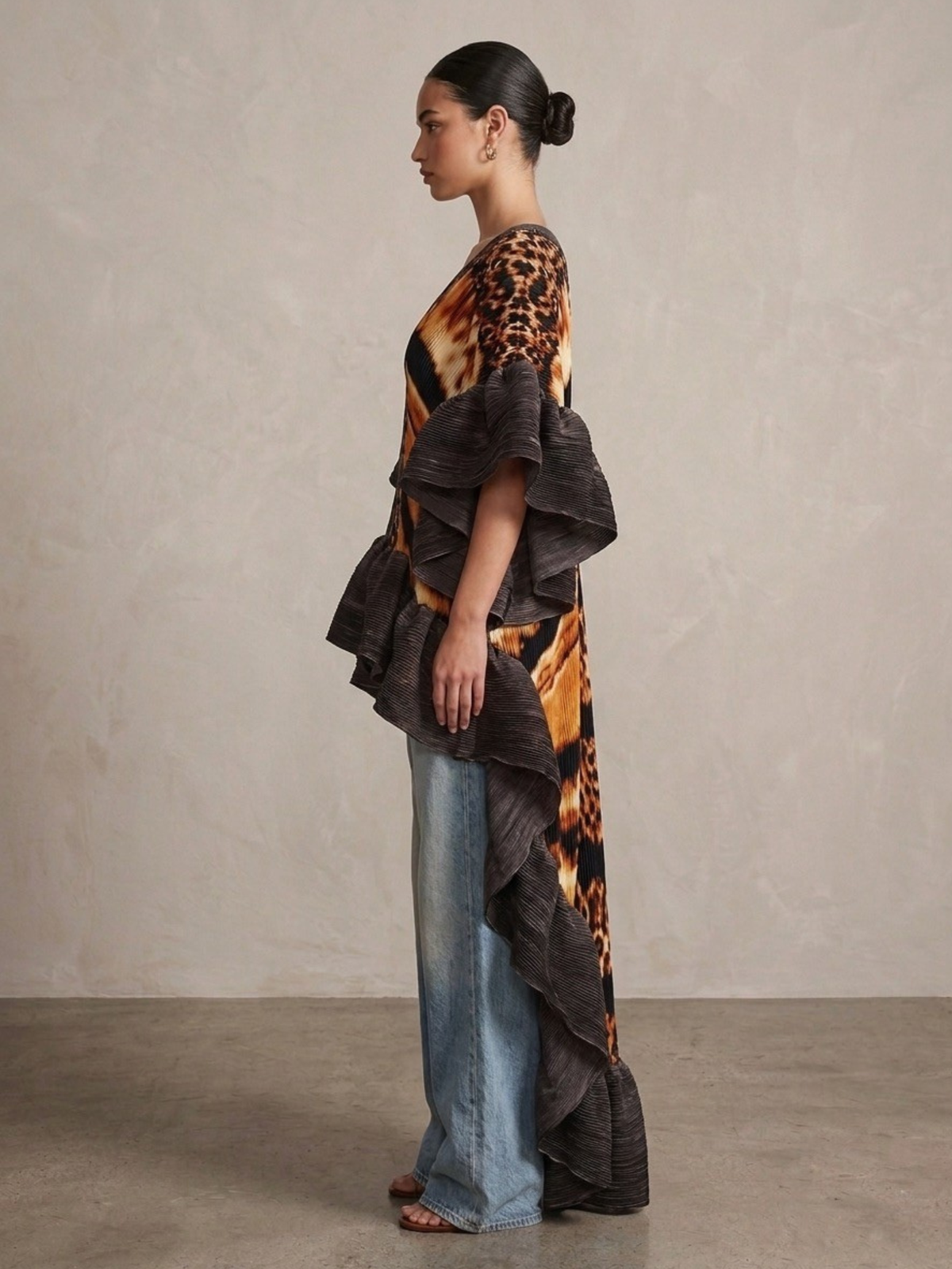 Plissé Ruffle Kimono Top – High Low Statement Brown Tunic Dress
