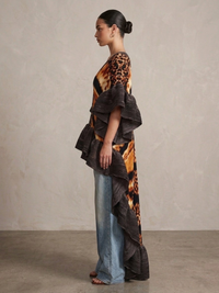 Plissé Ruffle Kimono Top – High Low Statement Brown Tunic Dress