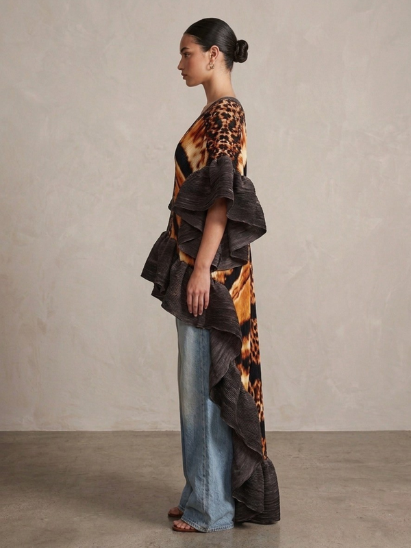 Plissé Ruffle Kimono Top – High Low Statement Brown Tunic Dress
