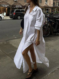 Long Sleeves Loose Buttoned Solid Color Split-Side Lapel Maxi Shirt Dress: WHITE / S