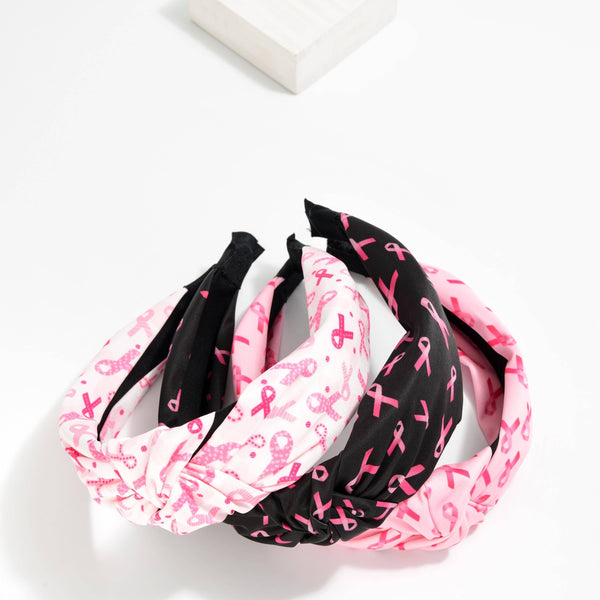 Breast Cancer Awareness Pink Ribbon Print Knotted Headband