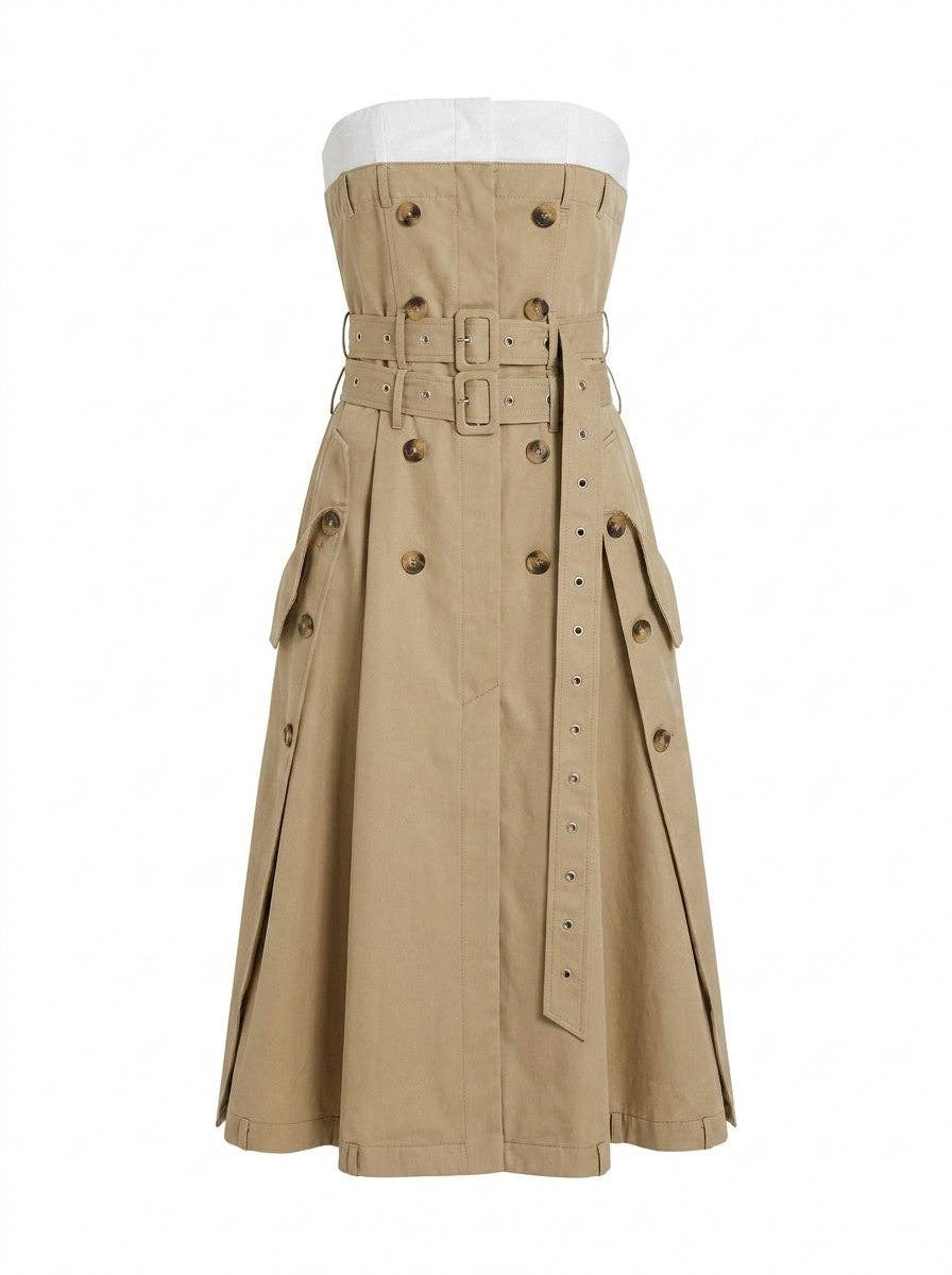 Strapless Trench Style Midi Dress with Double Belt Detail: Beige / S