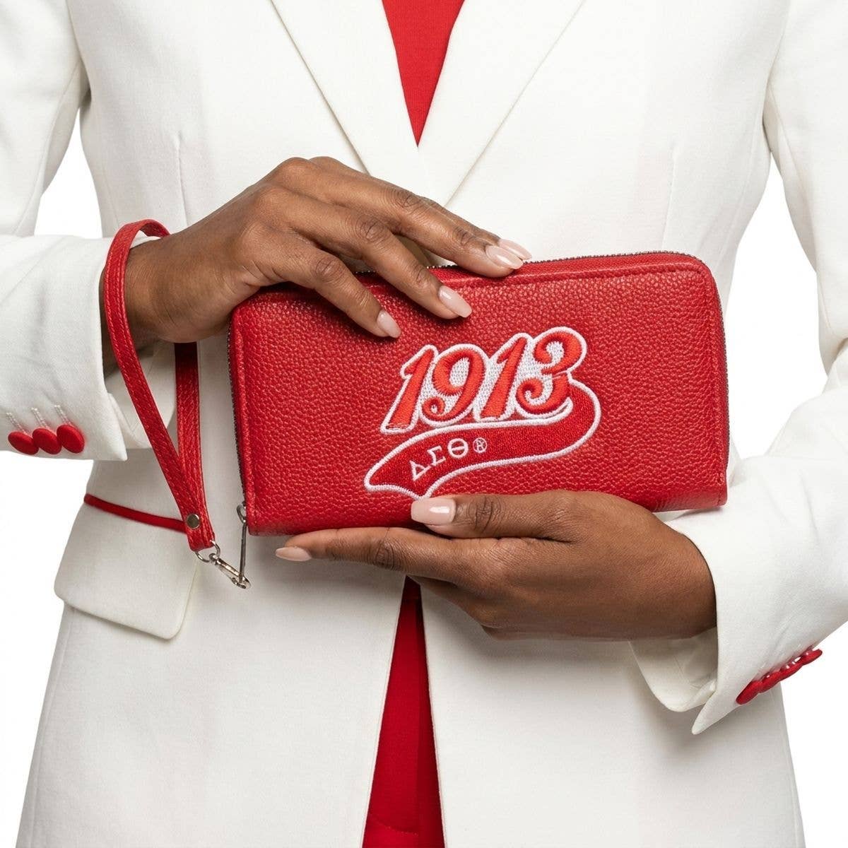 DST Sorority Long Red 1913 Patch Zipper Wallet: Red and White / Faux Leather / 7.75 x 1 x 4 inches