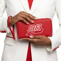 DST Sorority Long Red 1913 Patch Zipper Wallet: Red and White / Faux Leather / 7.75 x 1 x 4 inches