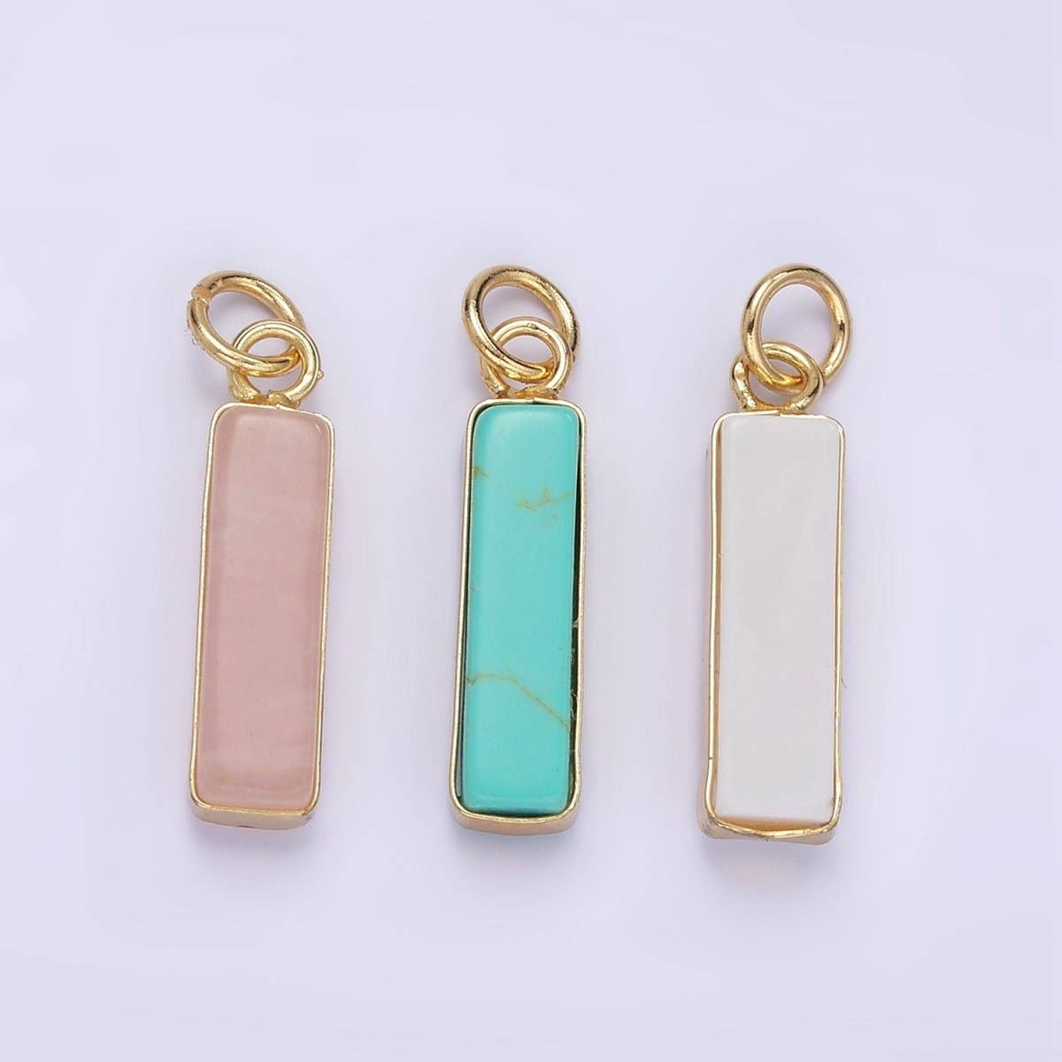 14K Gold Filled Rose Quartz, Turquoise, Shell Pearl Rectangular Tube Bezel Charm | D564: Rose Quartz