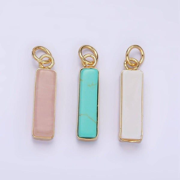 14K Gold Filled Rose Quartz, Turquoise, Shell Pearl Rectangular Tube Bezel Charm | D564: Turquoise