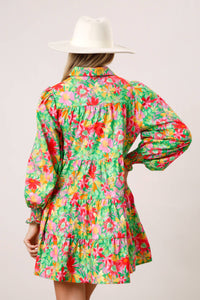 Floral Print Poplin Shirt Dress - GREEN MULTI