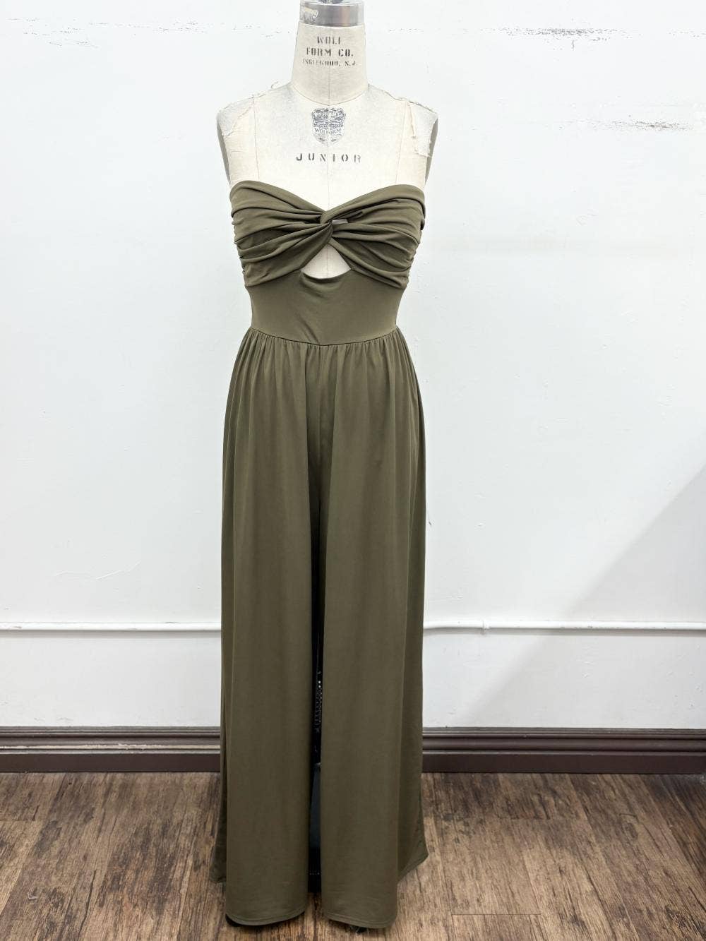 Strapless Twist Front Wide Leg Jumpsuit: Olive / L