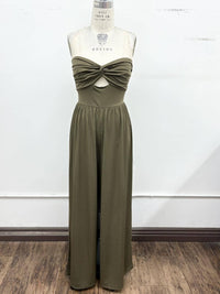 Strapless Twist Front Wide Leg Jumpsuit: Olive / L