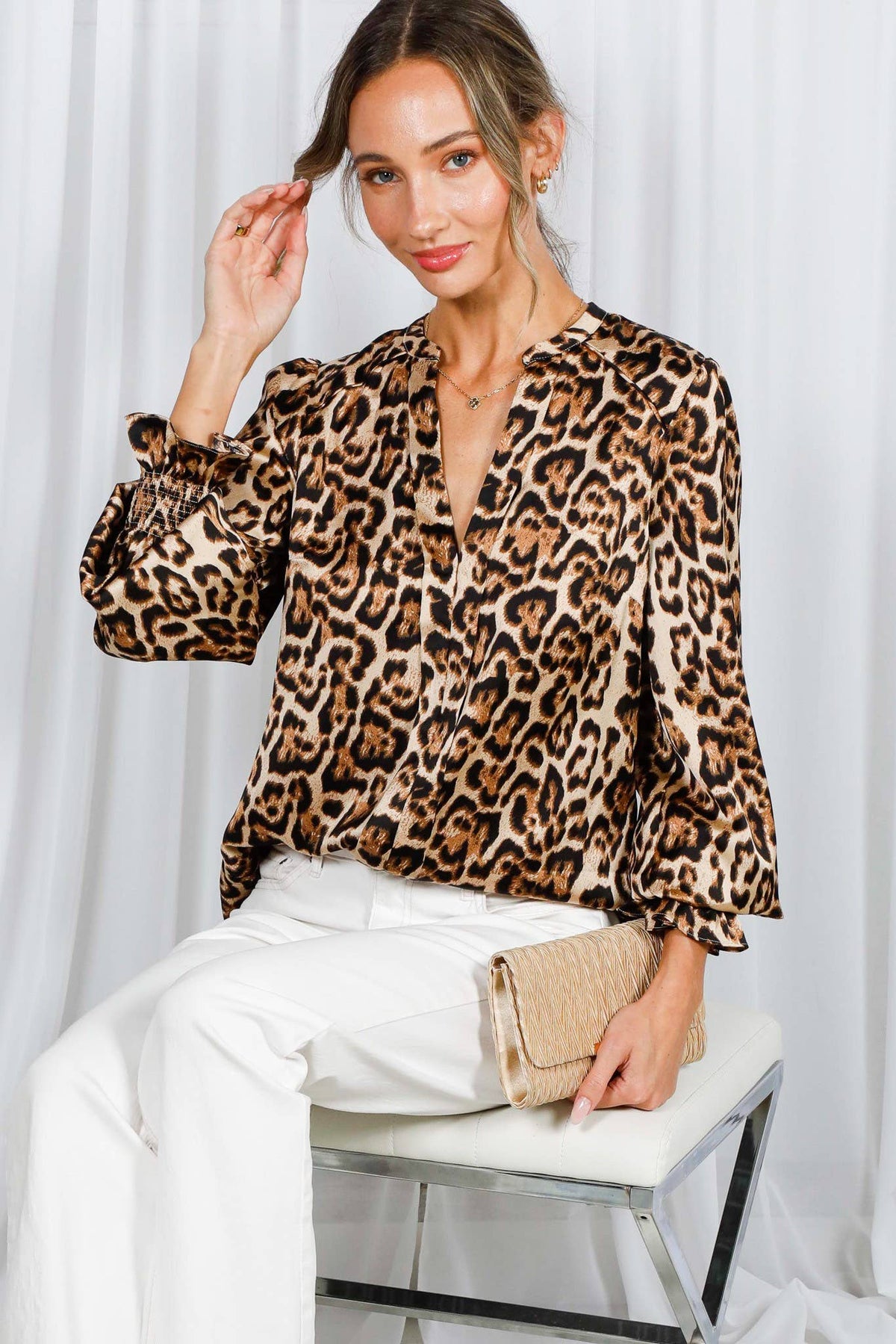 Henley Neck Elastic Smocked Leopard Print Blouse VT31377T: Brown / M