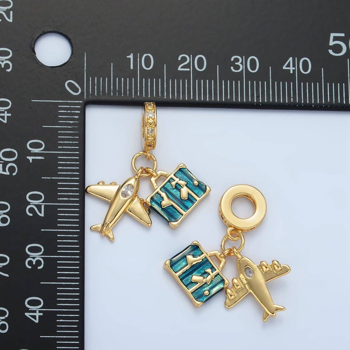 24K Gold Filled Airplane Suitcase Micro Paved CZ Rhondelle Bail Drop Travel Pendant | E362