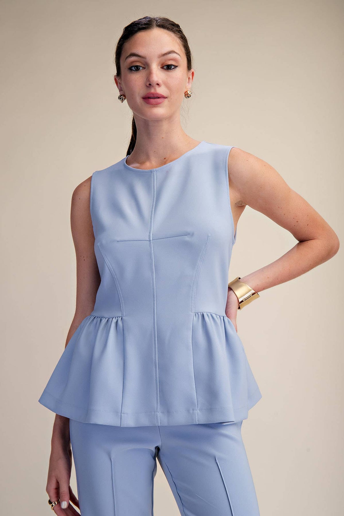Peplum Top Round Neck Stitch Detail : White / S