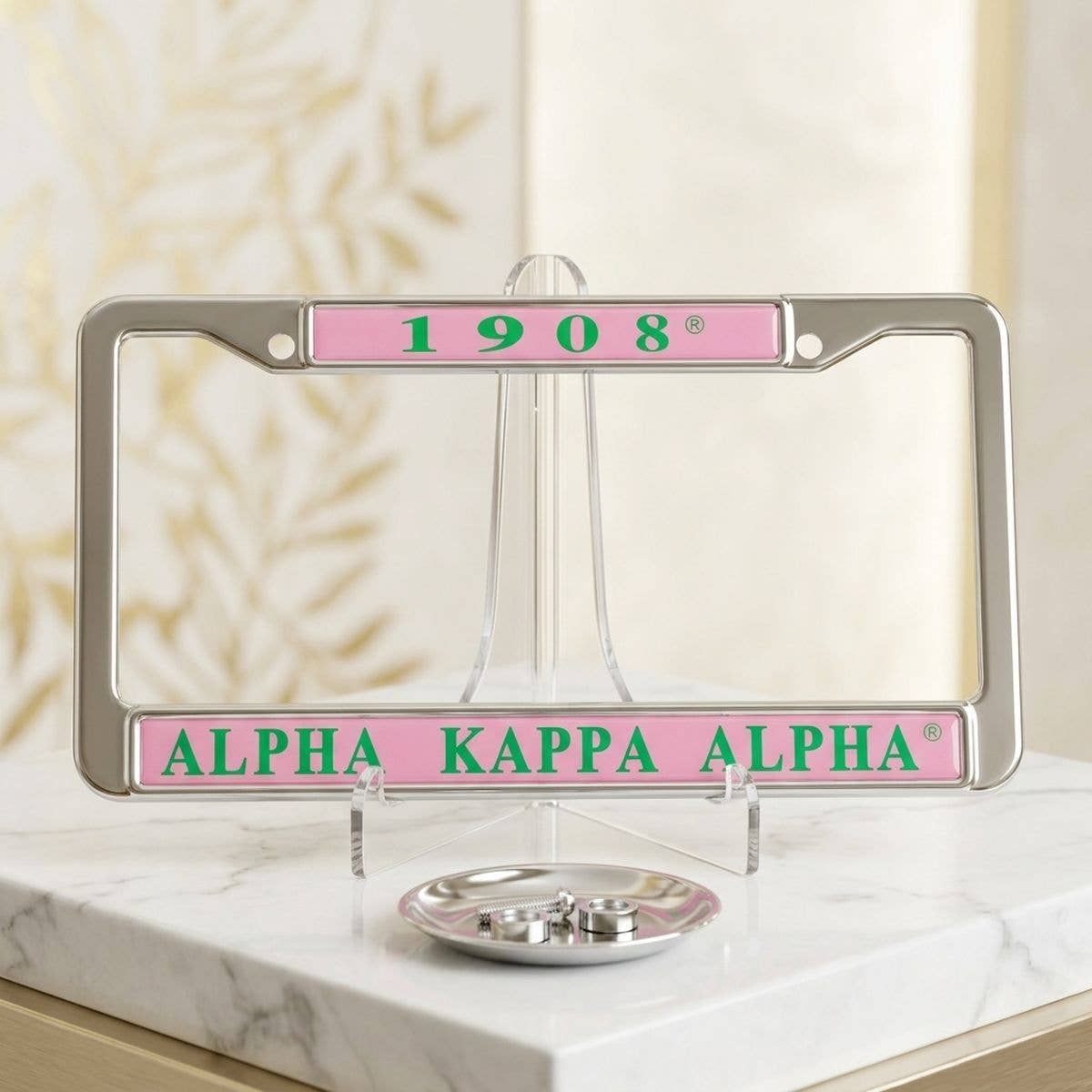 Alpha Kappa Alpha 1908 License Plate Frame: Pink and Green / Rhodium / 6.25 x 12.25 inches