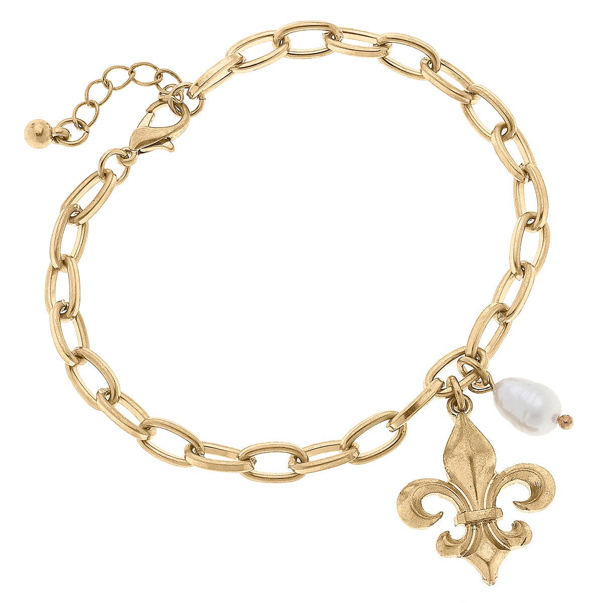 Robin Bourbon Fleur de Lis & Pearl Charm Chain Bracelet in Worn Gold