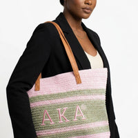 AKA Faded Pink Raffia Embroidered Beach Tote Bag