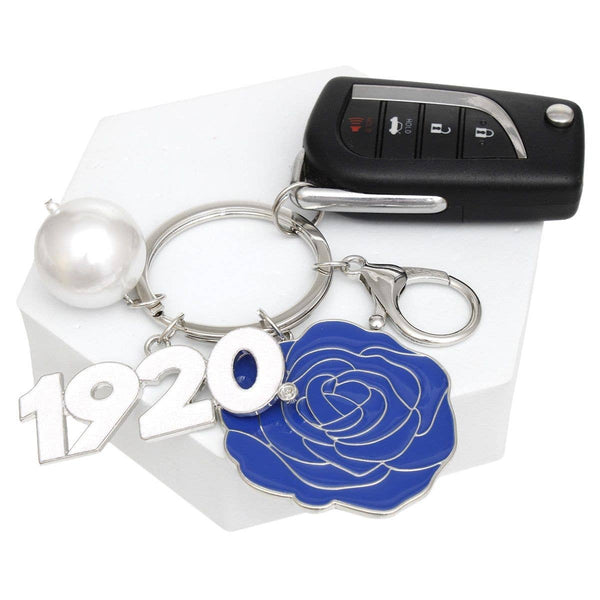 ZPB Sorority Flower 1920 Keychain and Bag Clip: Blue and White / Rhodium / 4 x 2.35 inches