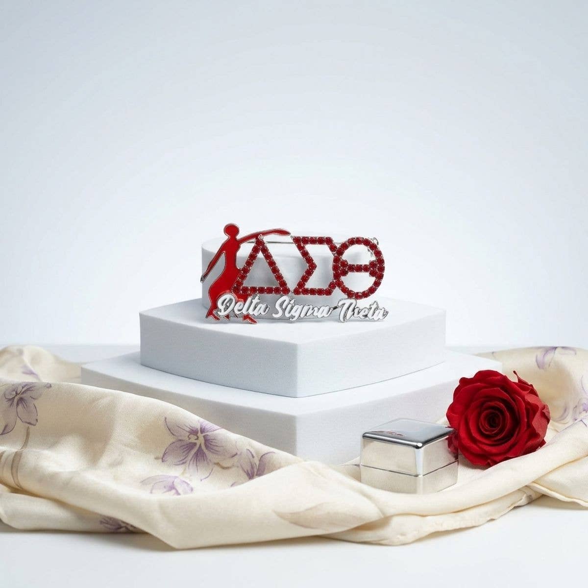 Delta Sigma Theta Red Fortitude Rhinestone Brooch: Red and White / Rhodium / 1.5 x 2.75 inches