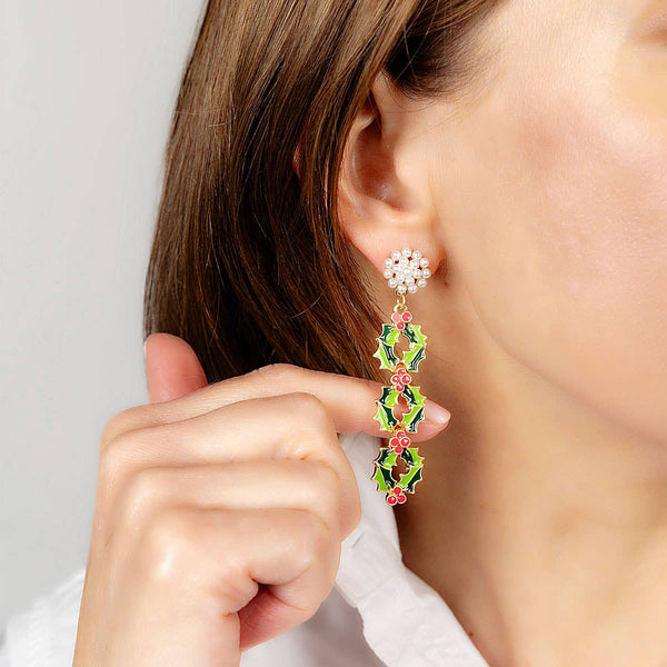 Linked Holly Enamel Drop Earrings in Green & Fuchsia