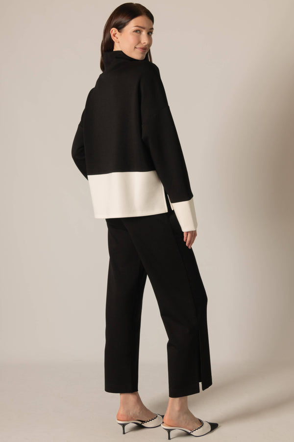 P. CILL Butter Modal Color Block Mock Neck Top: Black-Ivory