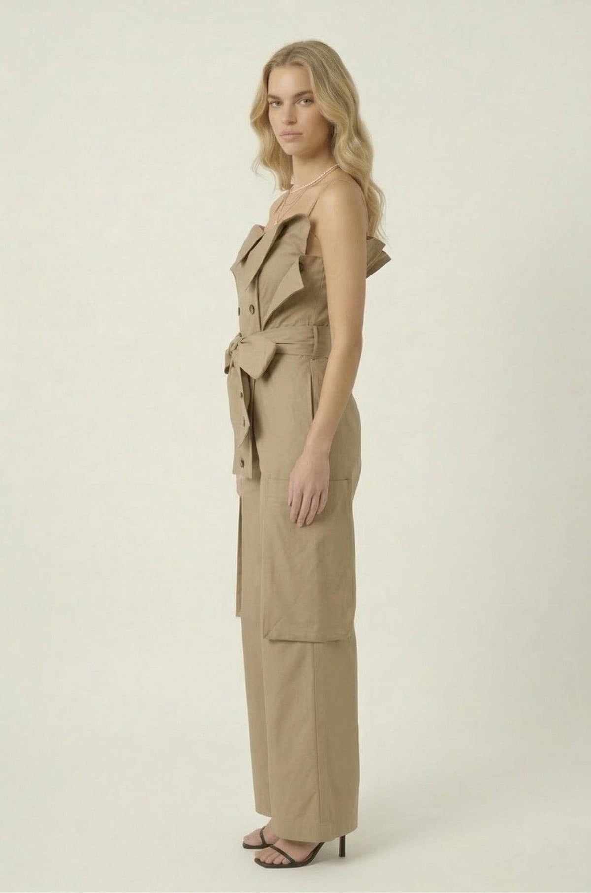 Off Shoulder Trench Style Cargo Jumpsuit: L