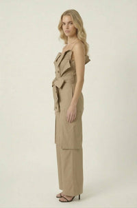 Off Shoulder Trench Style Cargo Jumpsuit: L