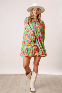 Floral Print Poplin Shirt Dress - GREEN MULTI